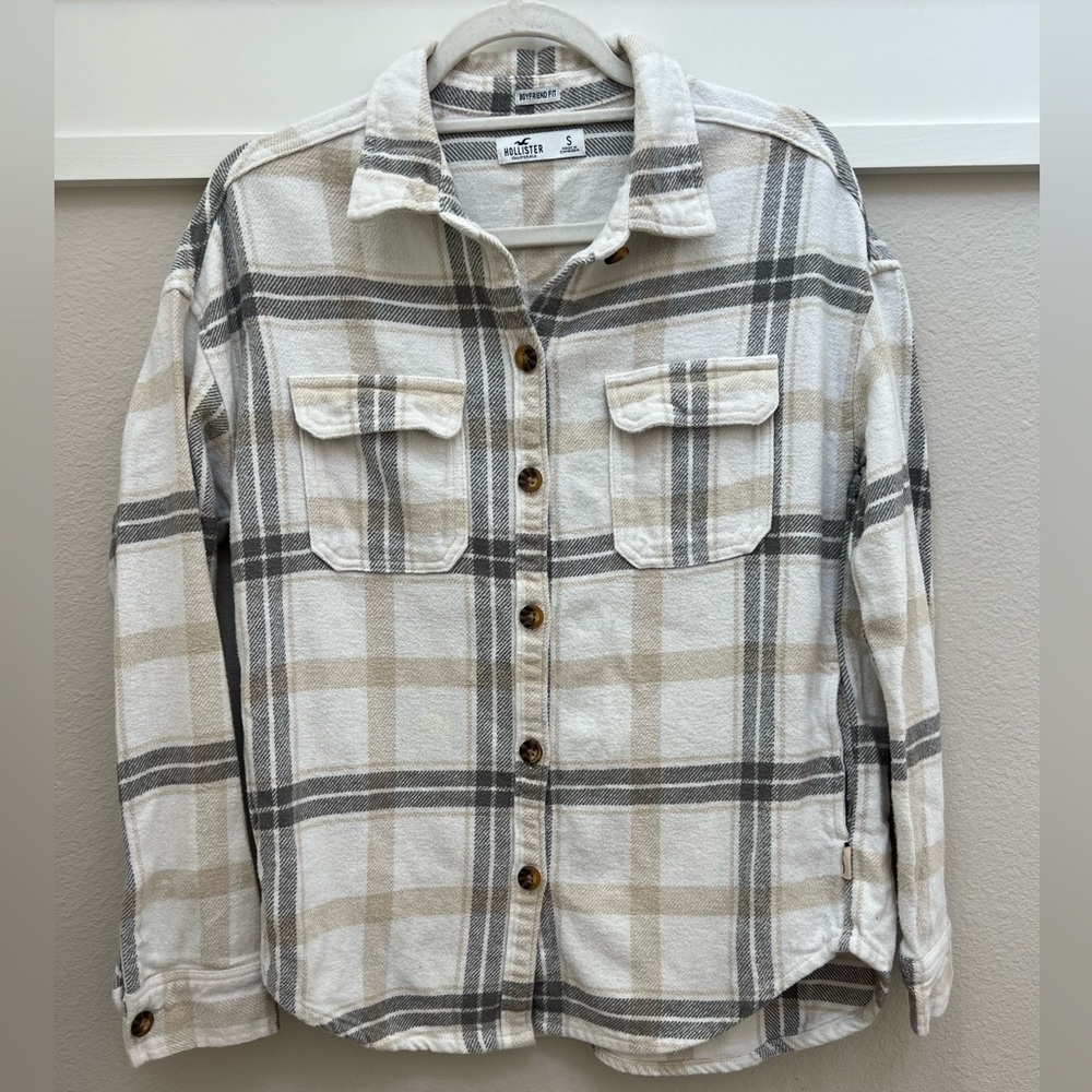Hollister Thick Flannel Shirt – Gray, White & Beige – Size Small